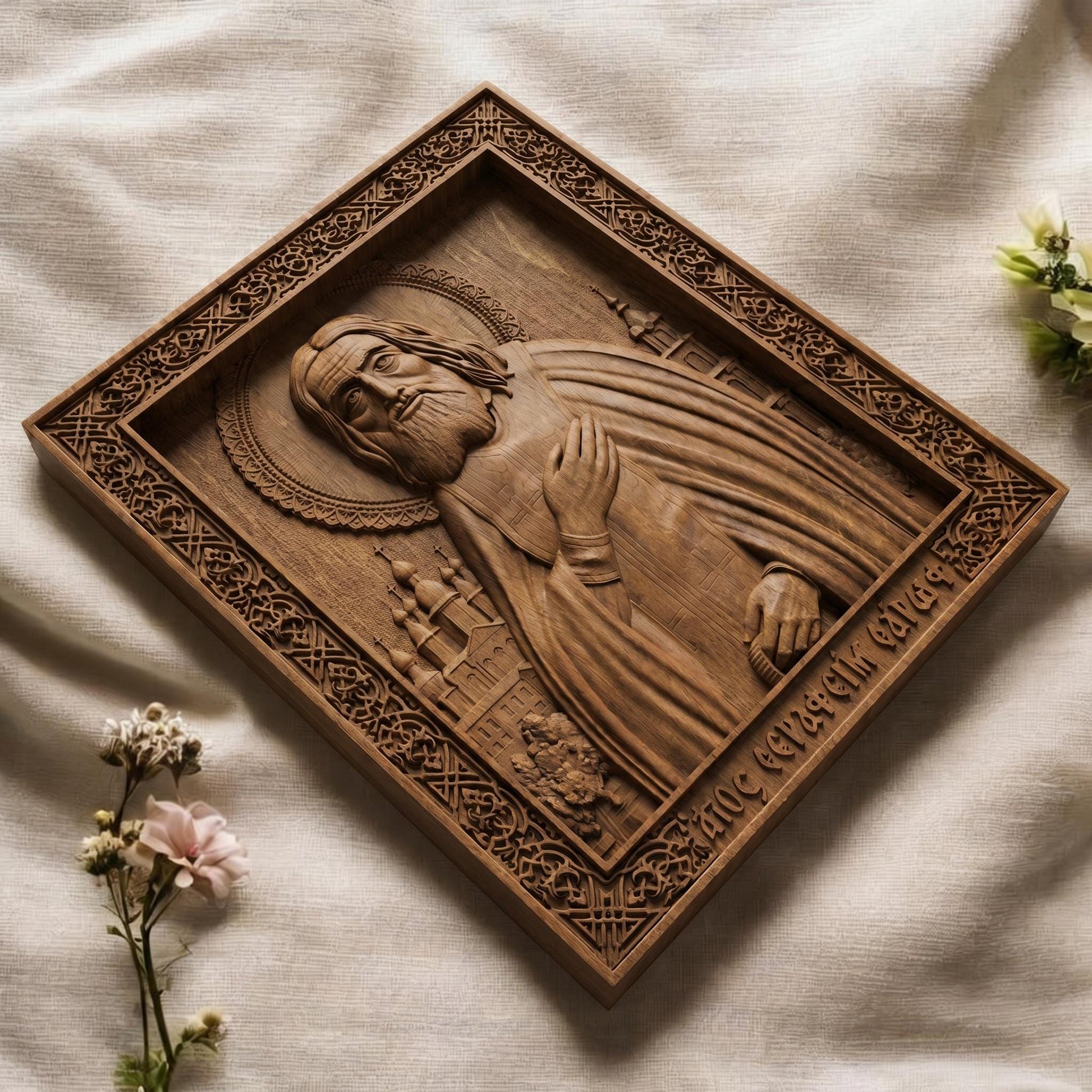 Saint Seraphim of Sarov Wooden Carved Handmade Christian Icon Flat Side Brown Oak Cretan Holy Carvings