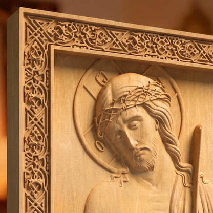 Jesus Christ Bridegroom Wooden Carved Handmade Christian Icon Left Side Natural Wood Color Cretan Holy Carvings