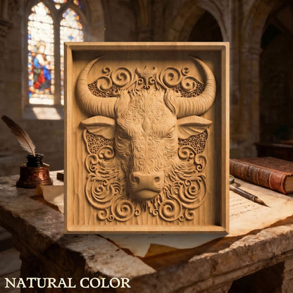 Bull Tribal Framed Bas Relief | Wooden Bull Carving | Sculptural Gift Idea