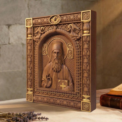 Saint Nektarios of Aegina Wooden Carved Handmade Christian Icon. Byzantine Greek Orthodox Home Decor.