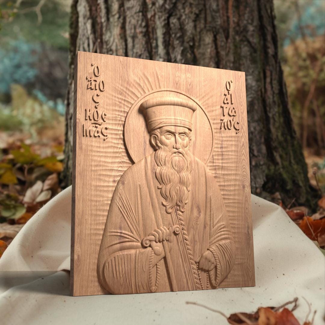 Saint Kosmas the Aetolian Wooden Carved Handcrafted Christian Religious Icon. Byzantine Home Wall Art Decor Gift. Orthodox Greek Woodcarving Sculpture.