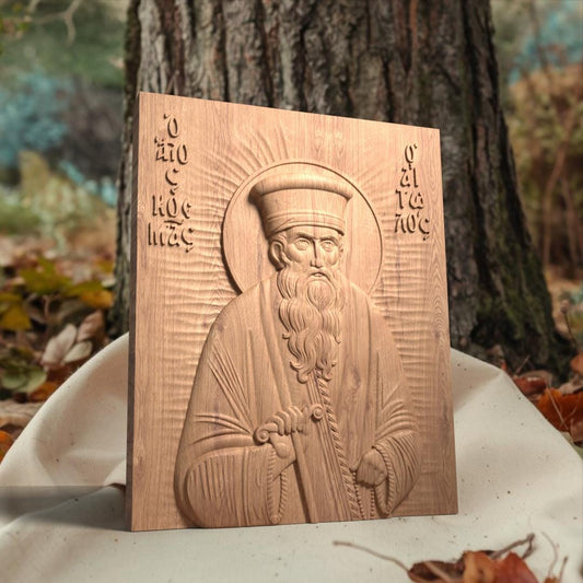 Saint Kosmas the Aetolian Wooden Carved Handcrafted Christian Religious Icon. Byzantine Home Wall Art Decor Gift. Orthodox Greek Woodcarving Sculpture.