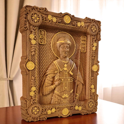 Saint Demetrius of Thessaloniki Wooden Carved Handcrafted Christian Religious Icon. Byzantine Home Wall Art Decor Gift. Orthodox Greek Woodcarving Sculpture.