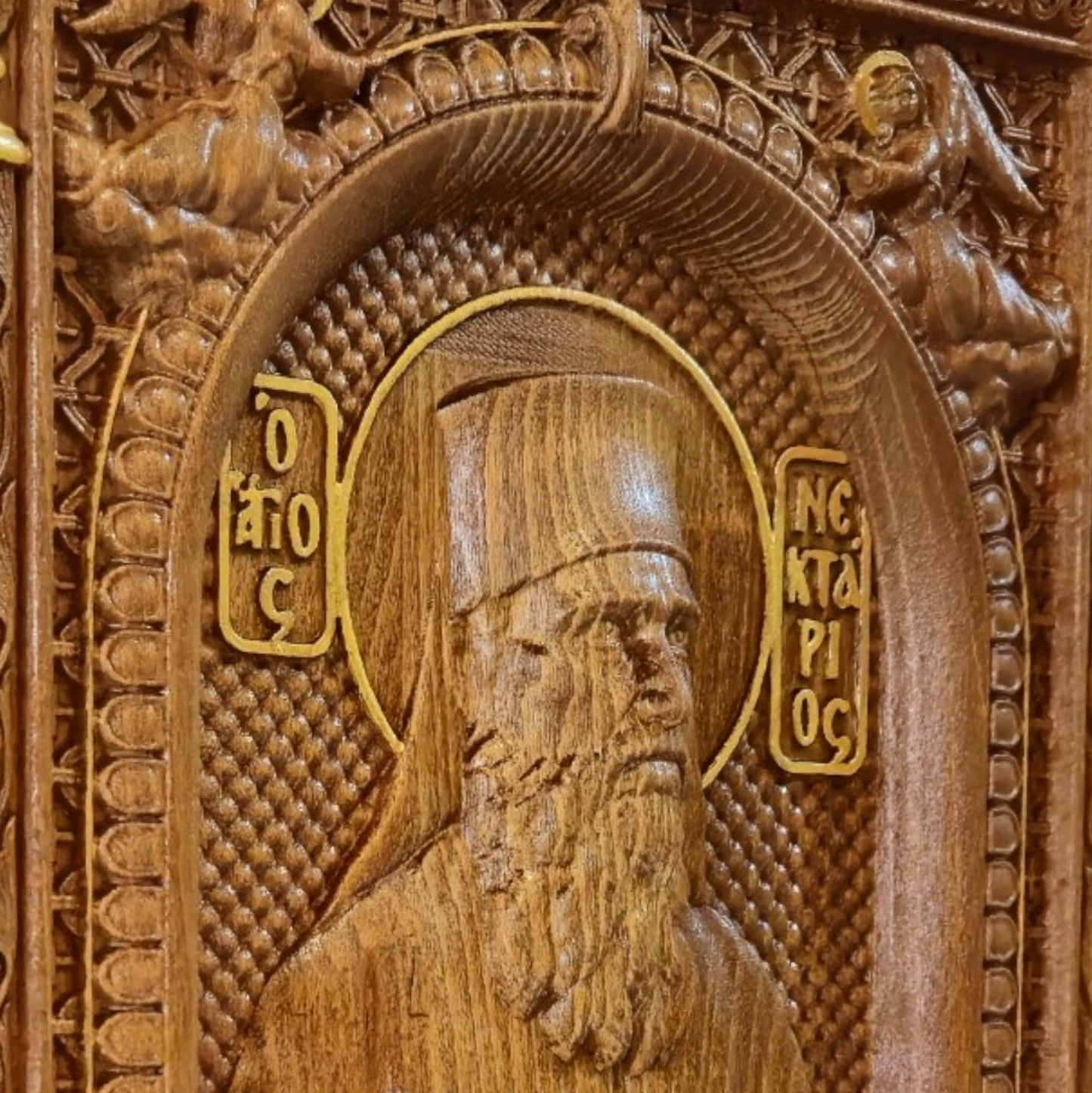 Saint Nectarios of Aegina Wooden Carved Handcrafted Christian Religious Icon. Byzantine Home Wall Art Decor Gift. Orthodox Greek Woodcarving Sculpture.