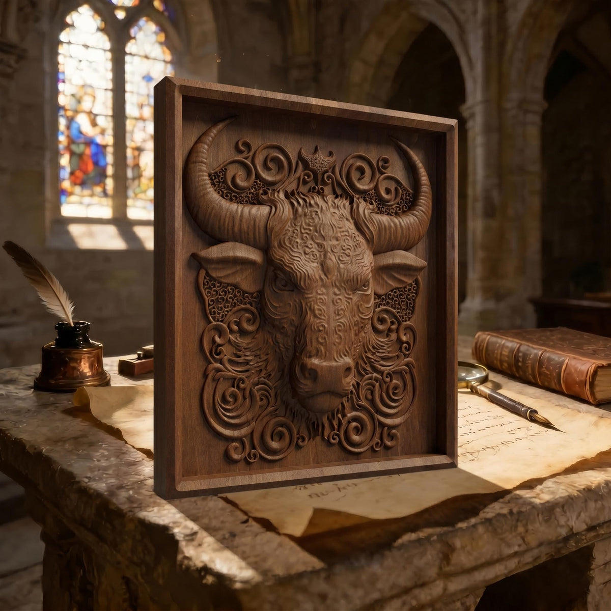 Bull Tribal Framed Bas Relief | Wooden Bull Carving | Sculptural Gift Idea