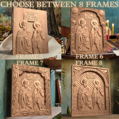 Saints Cyprian and Justina Wooden Carved Handcrafted Christian Religious Icon. Byzantine Home Wall Art Decor Gift. Orthodox Greek Woodcarving Sculpture.