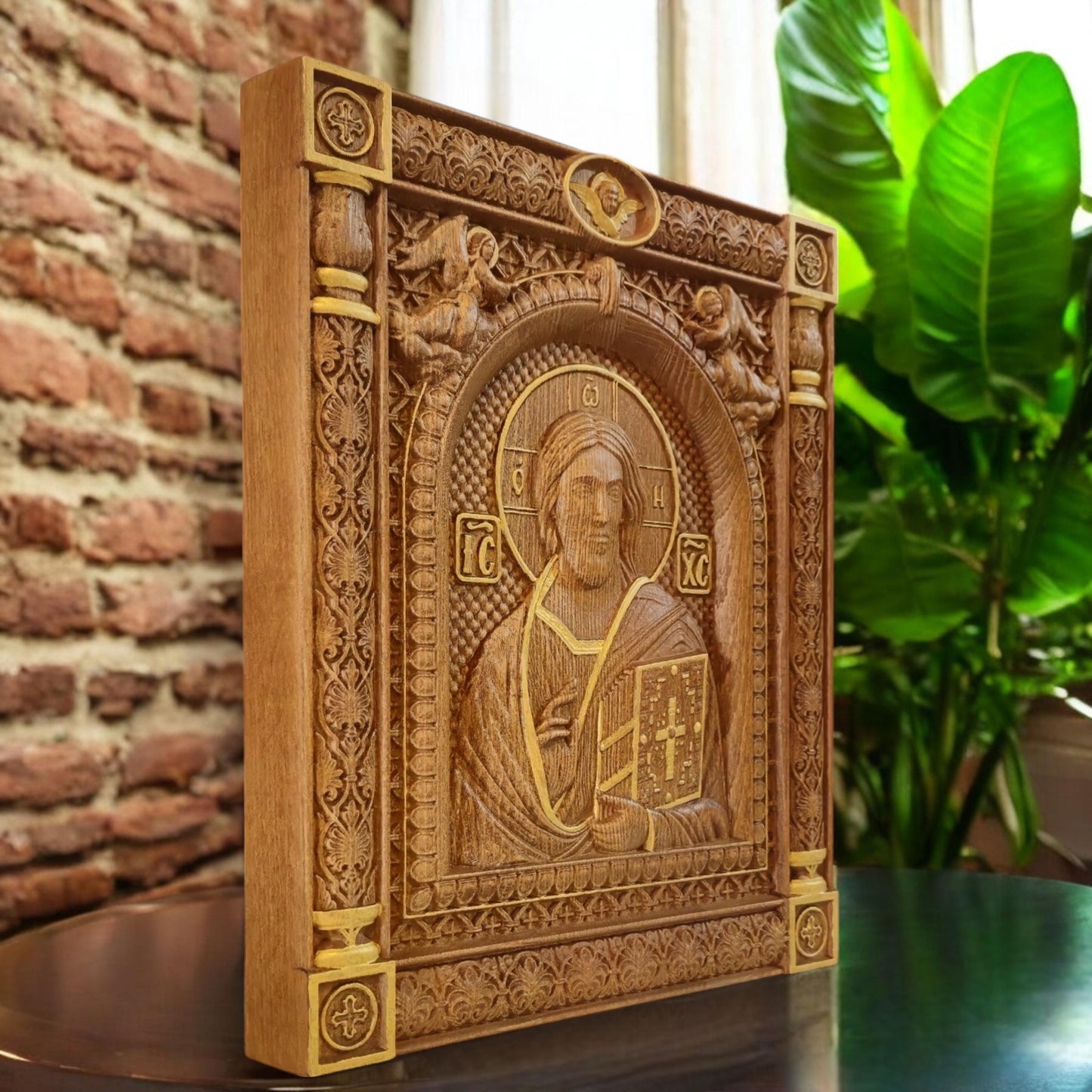 Christ Pantocrator of Sinai Wooden Carved Handcrafted Christian Religious Icon. Byzantine Home Wall Art Decor Gift. Orthodox Greek Woodcarving Sculpture.