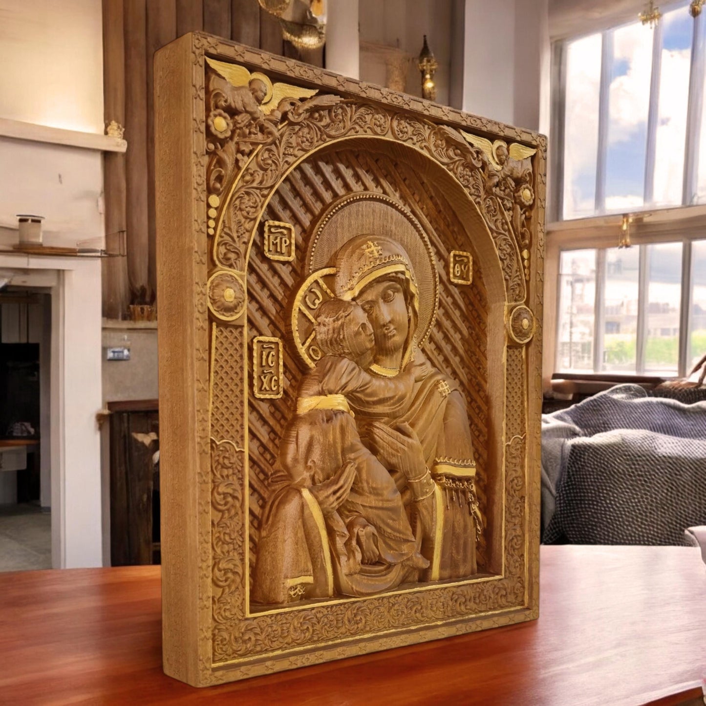 Virgin Mary Mother of God Wooden Carved Handmade Christian Icon. Byzantine Greek Orthodox Decor.