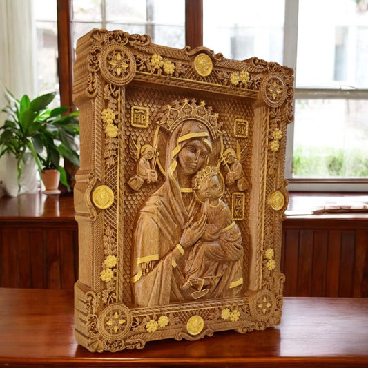 Virgin Mary of Perpetual Help Wooden Carved Handmade Christian Icon. Byzantine Greek Orthodox Decor.