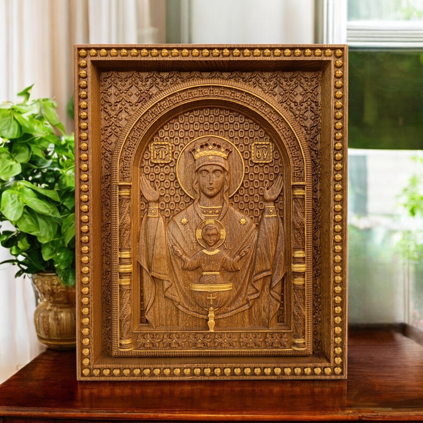 Virgin Mary Fountain of Life Wooden Carved Handcrafted Christian Religious Icon. Byzantine Home Wall Art Decor Gift. Orthodox Greek Woodcarving Sculpture.