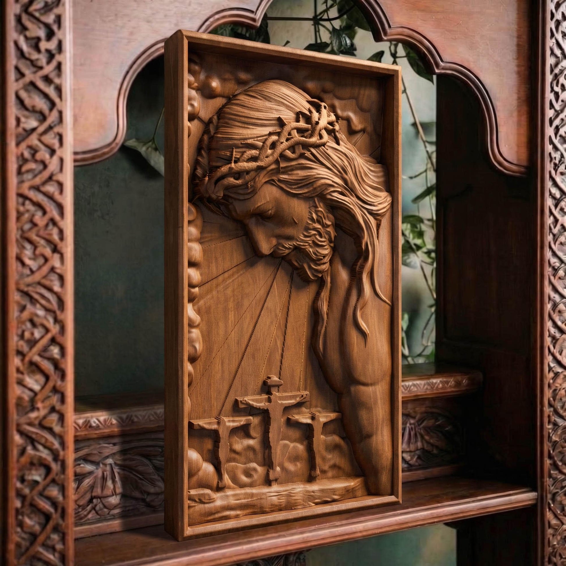 Jesus Christ on the Cross Along with the Two Thieves Wooden Carved Handmade Christian Icon  Byzantine Greek Orthodox Home Art Decor Cretan Holy Carvings