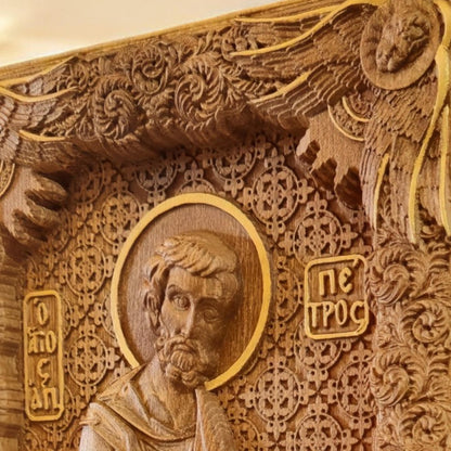 Saint Peter the Apostle Wooden Carved Handcrafted Christian Religious Icon. Byzantine Home Wall Art Decor Gift. Orthodox Greek Woodcarving Sculpture.