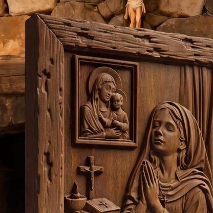 Young Girl Praying to God Wooden Carved Handmade Christian Icon  Byzantine Greek Orthodox Home Decor Cretan Holy Carvings