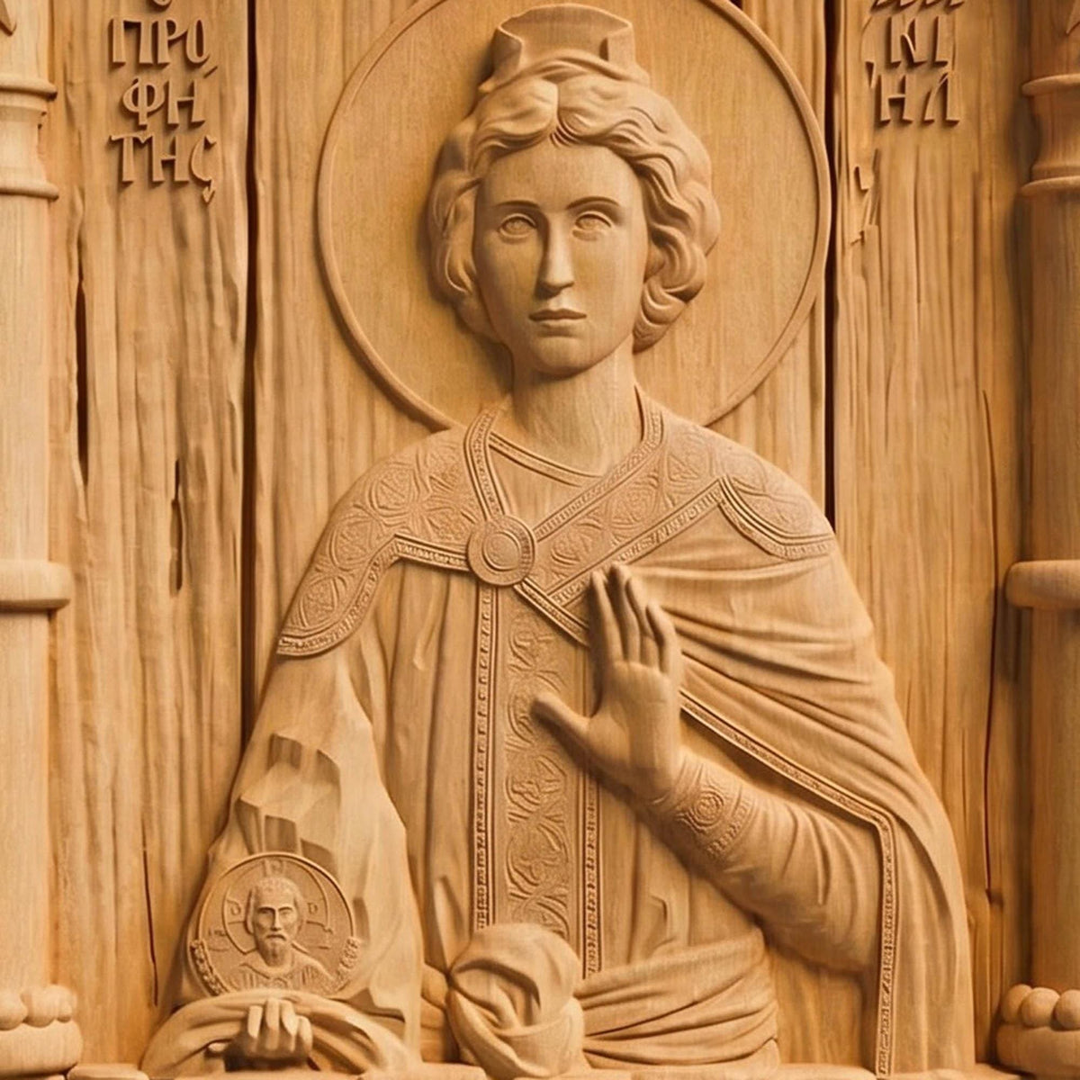 Prophet Daniel Wooden Carved Handmade Christian Icon Patron Saint of Courage, Fortitude, and Strength Left Front Natural Wood Color Cretan Holy Carvings
