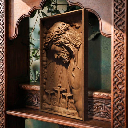 Jesus Christ on the Cross Along with the Two Thieves Wooden Carved Handmade Christian Icon  Byzantine Greek Orthodox Home Art Decor Cretan Holy Carvings