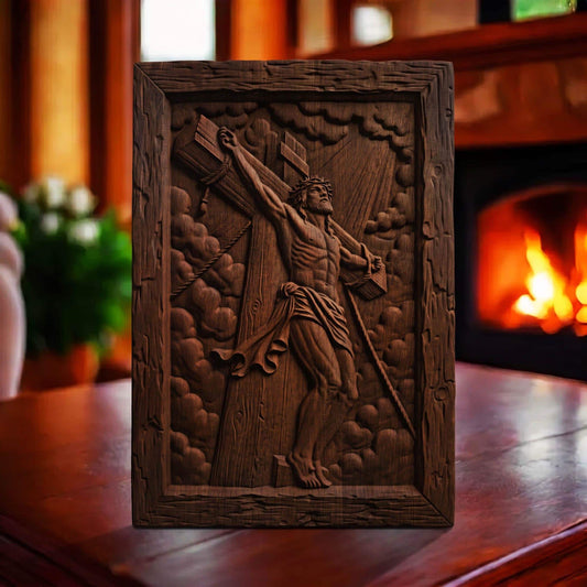 Jesus Crusifixion Wooden Carved Handmade Christian Icon  Byzantine Greek Orthodox Home Art Decor Cretan Holy Carvings