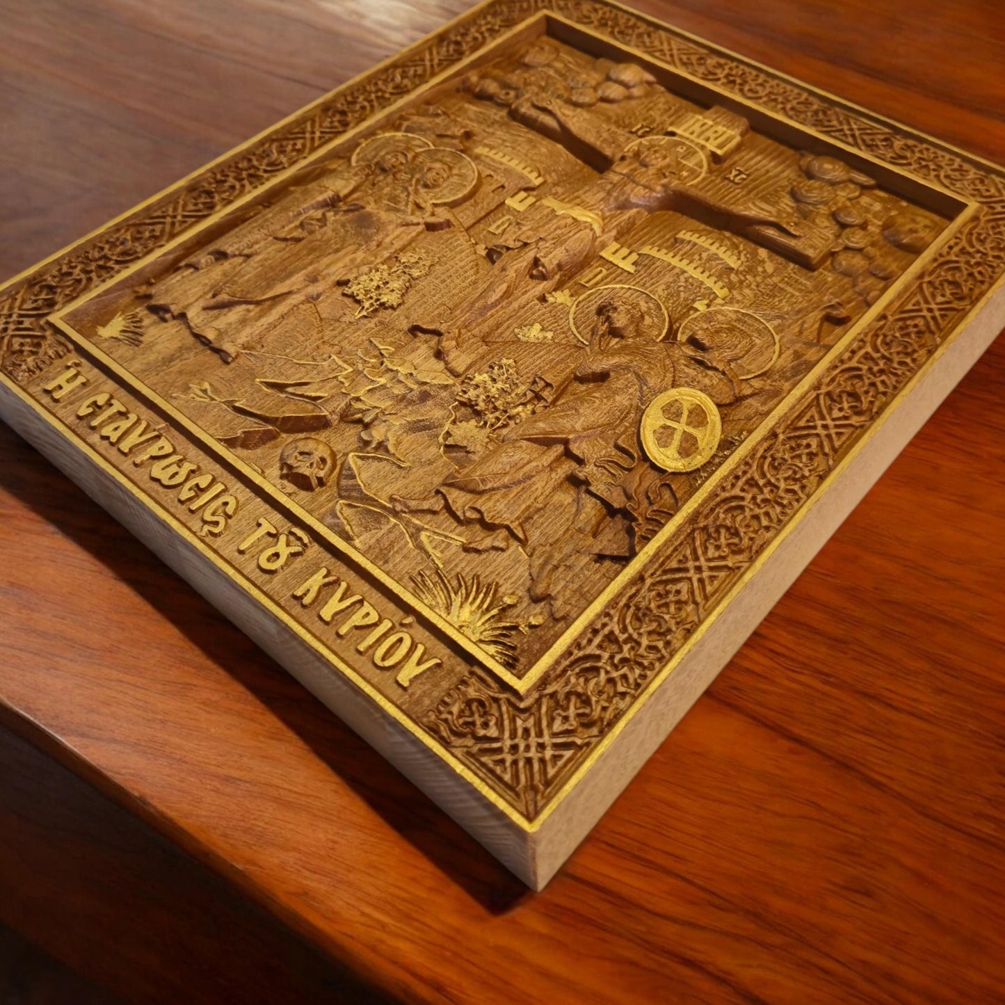 Crucifixion of Jesus Christ Wooden Carved Handcrafted Christian Religious Icon. Byzantine Home Wall Art Decor Gift. Orthodox Greek Woodcarving Sculpture.