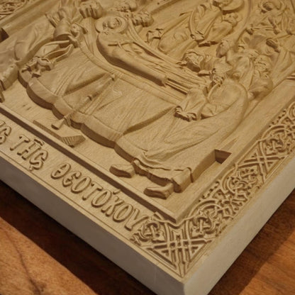 Dormition of the Mother of God Wooden Carved Handcrafted Christian Religious Icon. Byzantine Home Wall Art Decor Gift. Orthodox Greek Woodcarving Sculpture.