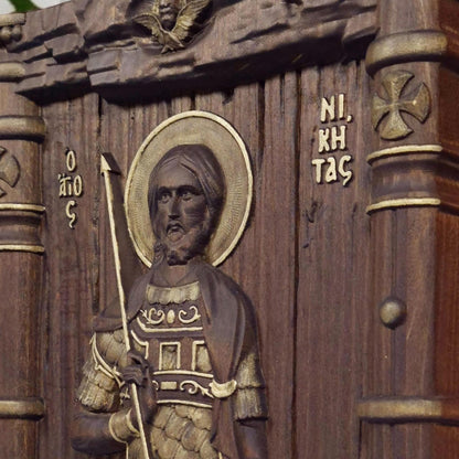 Saint Nikitas Wooden Carved Handmade Christian Icon. Byzantine Greek Orthodox Home Art Decor.