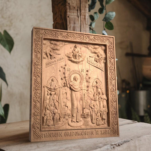 Mother of God Joy of All Who Sorrow Wooden Carved Handcrafted Christian Religious Icon. Byzantine Home Wall Art Decor Gift. Orthodox Greek Woodcarving Sculpture.