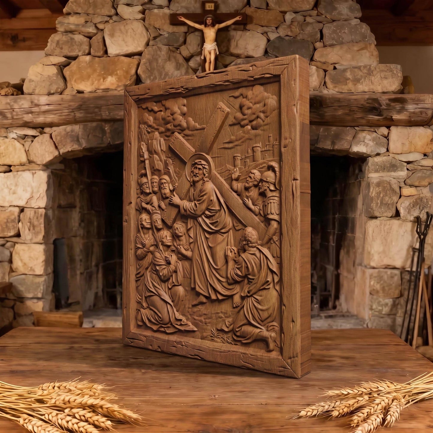 The Way to Mount Golgotha Wooden Carved Handmade Christian Icon  Byzantine Greek Orthodox Home Decor Cretan Holy Carvings
