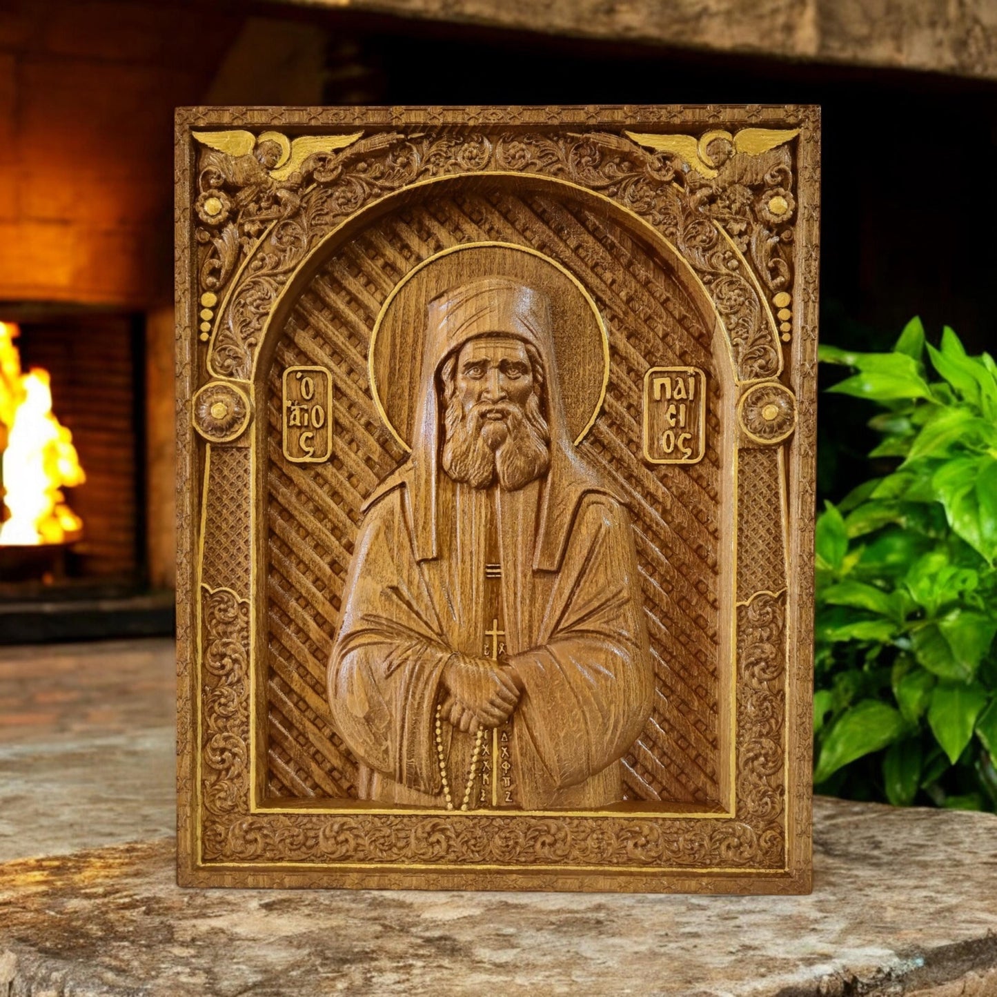 Saint Paisios of Mount Athos Wooden Carved Handcrafted Christian Religious Icon. Byzantine Home Wall Art Decor Gift. Orthodox Greek Woodcarving Sculpture.