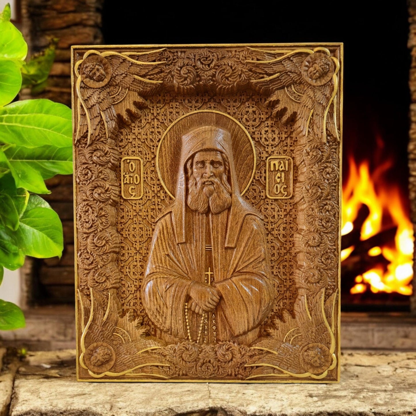 Saint Paisios of Mount Athos Wooden Carved Handcrafted Christian Religious Icon. Byzantine Home Wall Art Decor Gift. Orthodox Greek Woodcarving Sculpture.