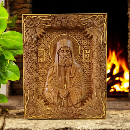 Saint Paisios of Mount Athos Wooden Carved Handcrafted Christian Religious Icon. Byzantine Home Wall Art Decor Gift. Orthodox Greek Woodcarving Sculpture.