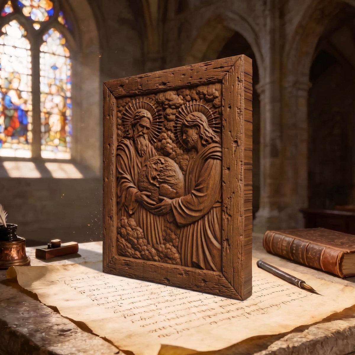God Creating Earth Wooden Carved Handmade Christian Icon  Byzantine Greek Orthodox Home Decor Cretan Holy Carvings