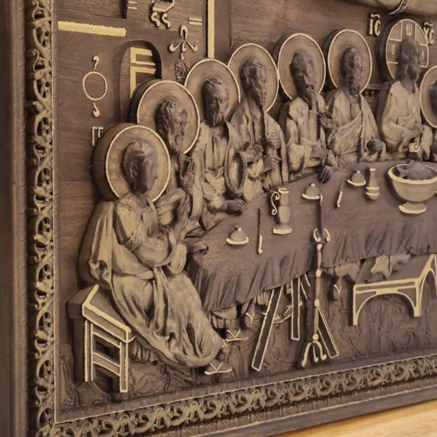 Last Supper Wooden Carved Handcrafted Christian Religious Icon. Byzantine Home Wall Art Decor Gift. Orthodox Greek Woodcarving Sculpture.