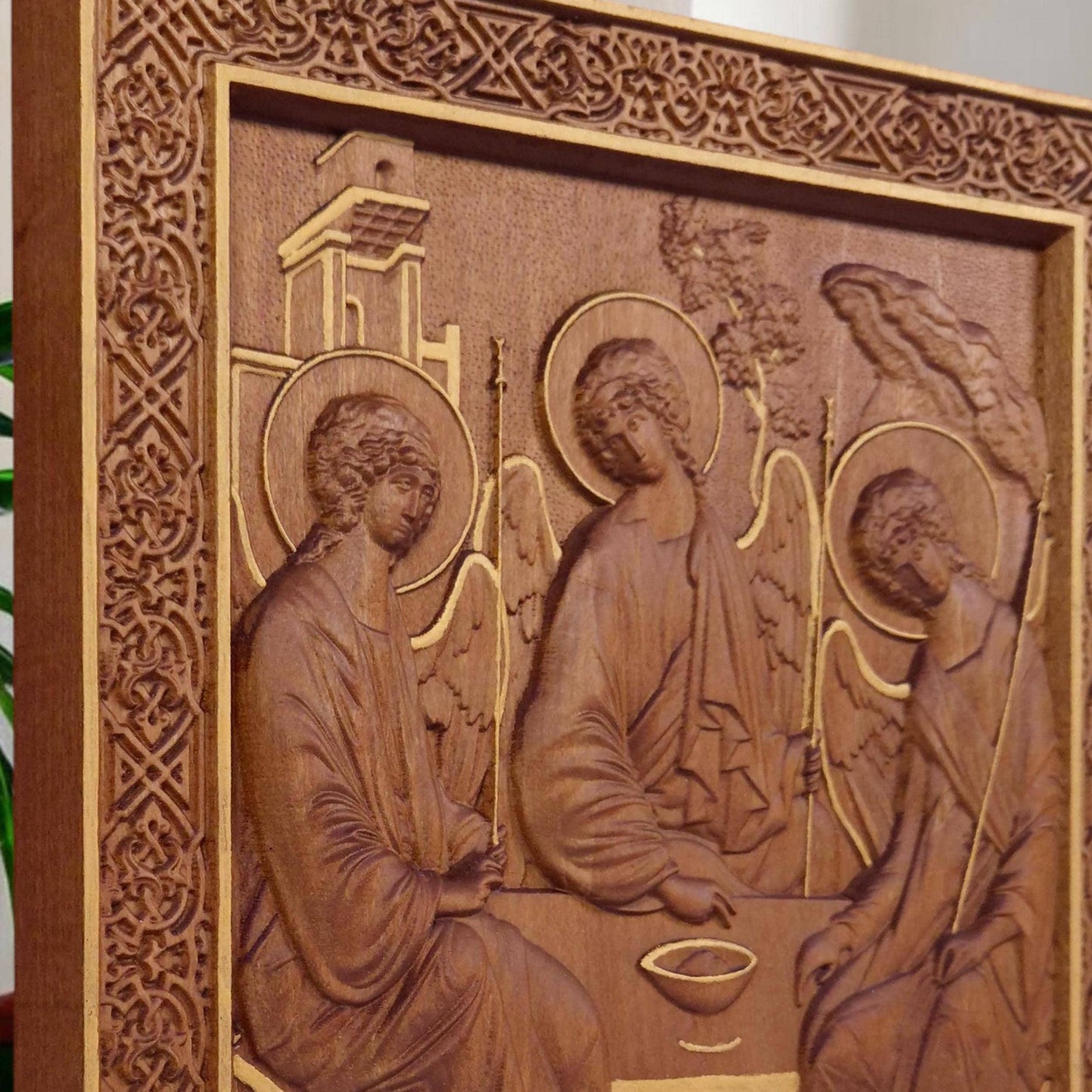 Holy Trinity Wooden Carved Handmade Christian Icon. Byzantine Greek Orthodox Home Art Decor.
