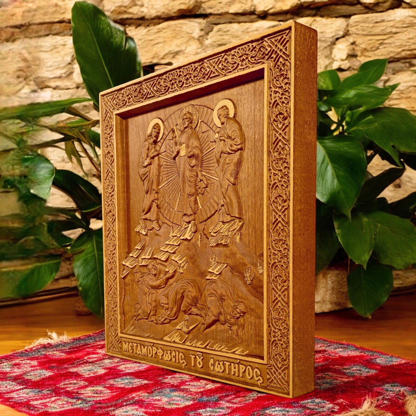 Transfiguration of Jesus Wooden Carved Handmade Christian Icon. Byzantine Greek Orthodox Home Art Decor.