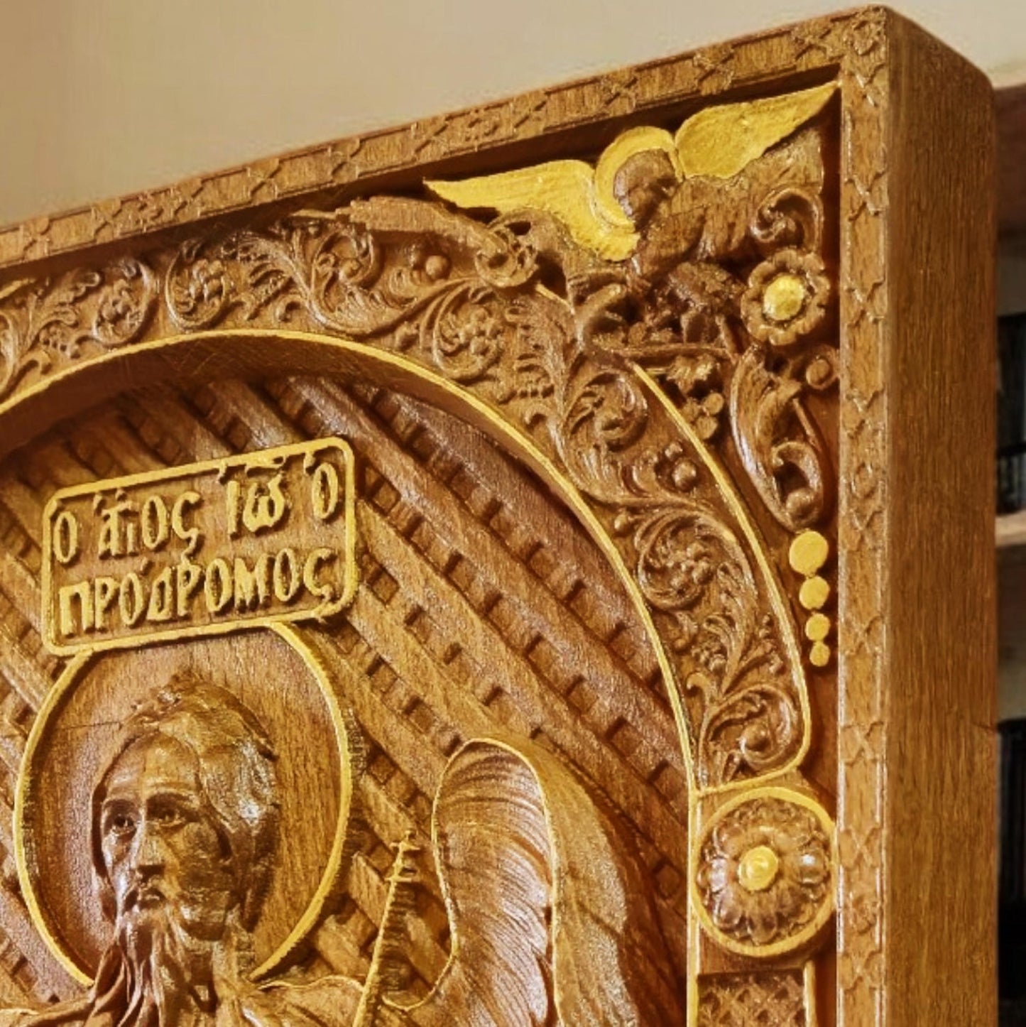 Saint John the Baptist Wooden Carved Handcrafted Christian Religious Icon. Byzantine Home Wall Art Decor Gift. Orthodox Greek Woodcarving Sculpture.