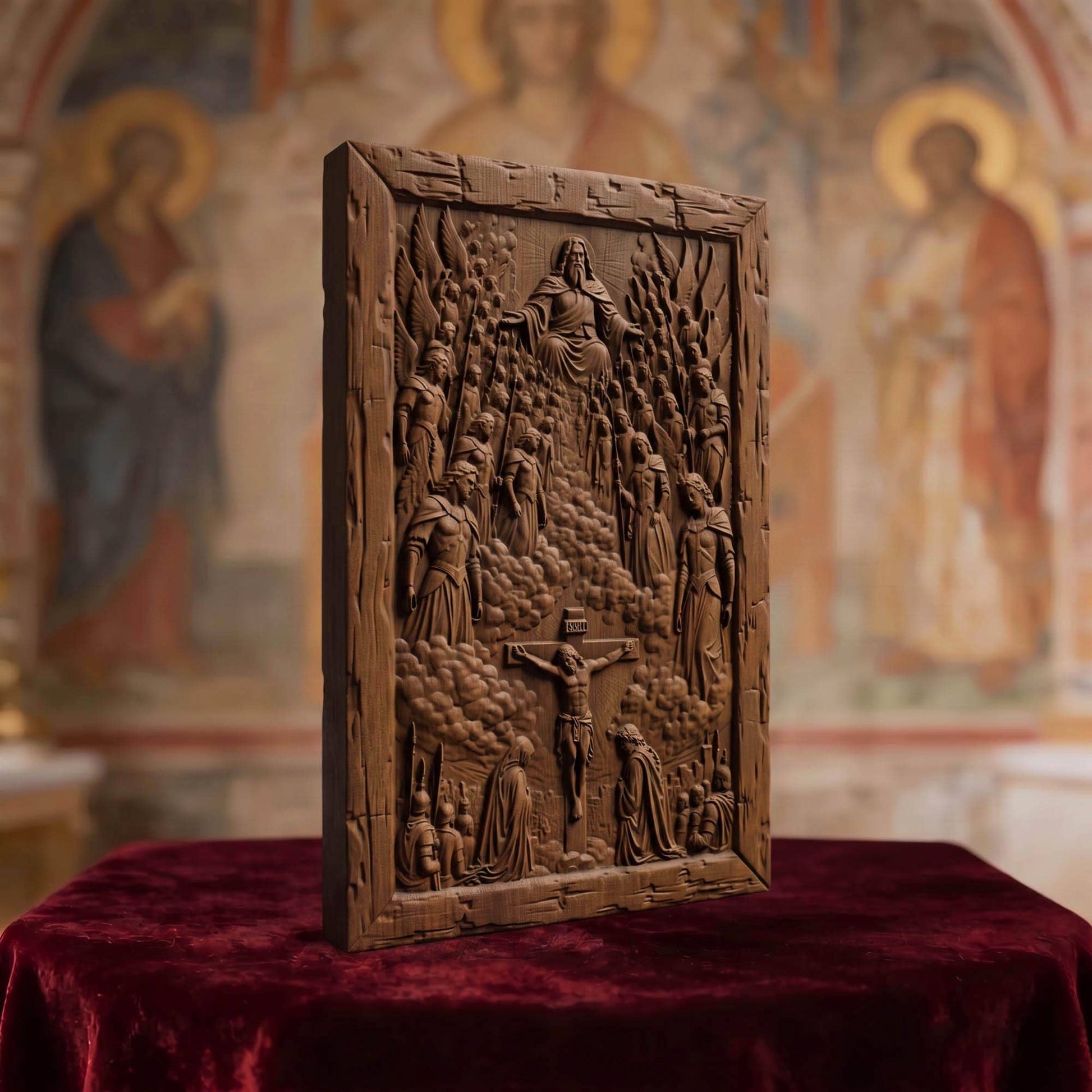 The Crucifixion Wooden Carved Handmade Christian Icon  Byzantine Greek Orthodox Home Decor Cretan Holy Carvings