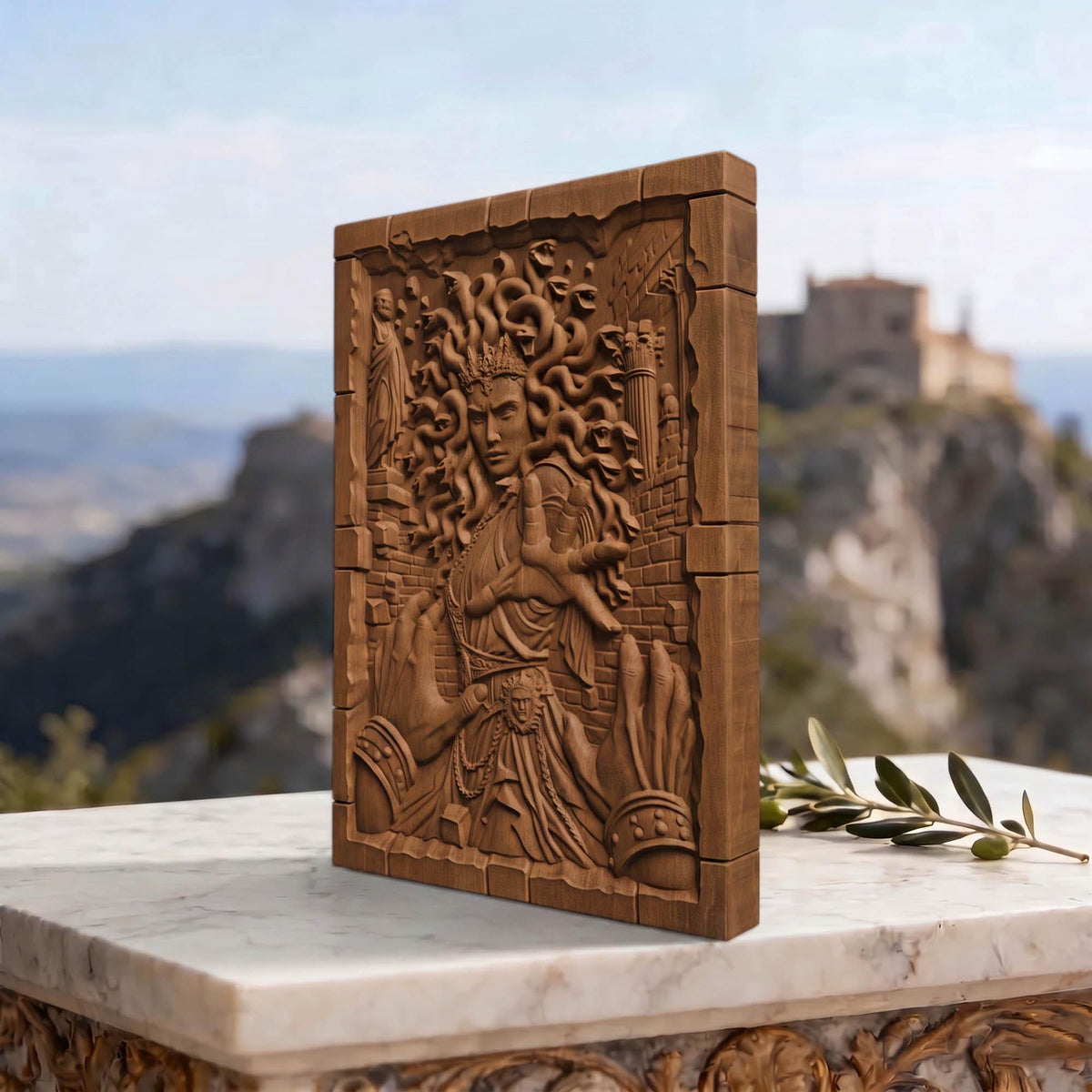 Medusa's Curse from Ancient Greek Mythology 3D Wooden Bas Relief Panel Art Sculptural Gift Idea Cretan Holy Carvings