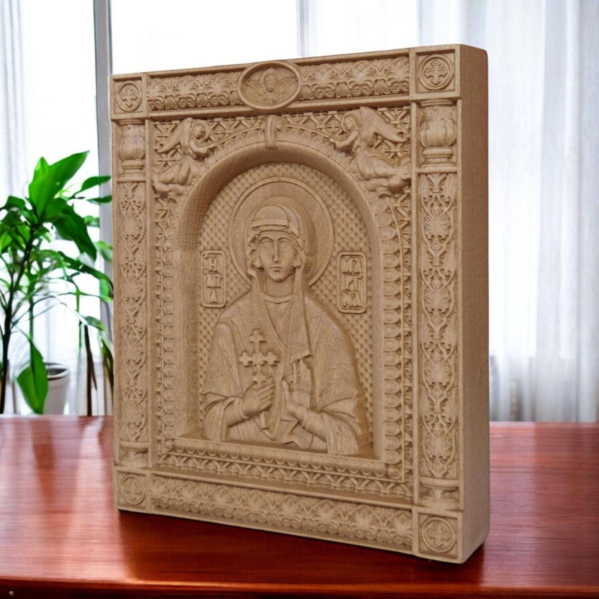 Saint Marina Wooden Carved Handmade Christian Icon. Byzantine Greek Orthodox Home Art Decor.