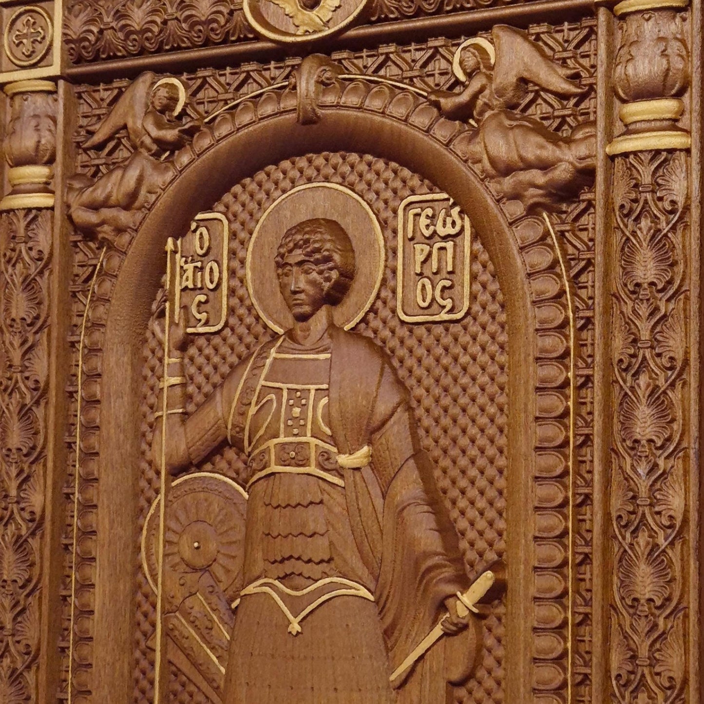 Saint George Wooden Carved Handmade Christian Icon. Byzantine Greek Orthodox Home Art Decor.