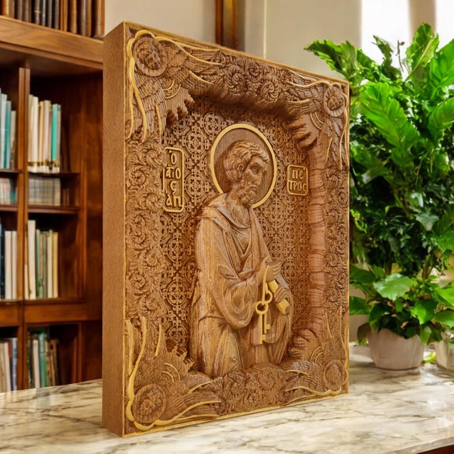Saint Peter the Apostle Wooden Carved Handcrafted Christian Religious Icon. Byzantine Home Wall Art Decor Gift. Orthodox Greek Woodcarving Sculpture.