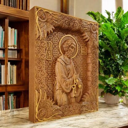 Saint Peter the Apostle Wooden Carved Handcrafted Christian Religious Icon. Byzantine Home Wall Art Decor Gift. Orthodox Greek Woodcarving Sculpture.