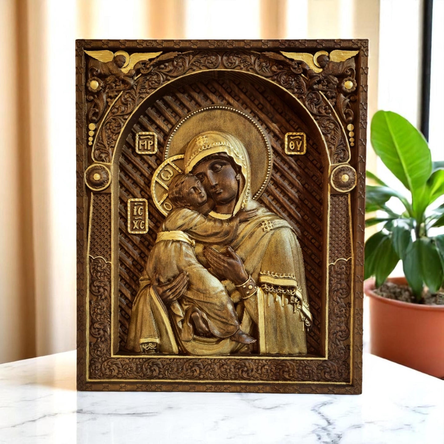 Virgin Mary Mother of God Wooden Carved Handcrafted Christian Religious Icon. Byzantine Home Wall Art Decor Gift. Orthodox Greek Woodcarving Sculpture.