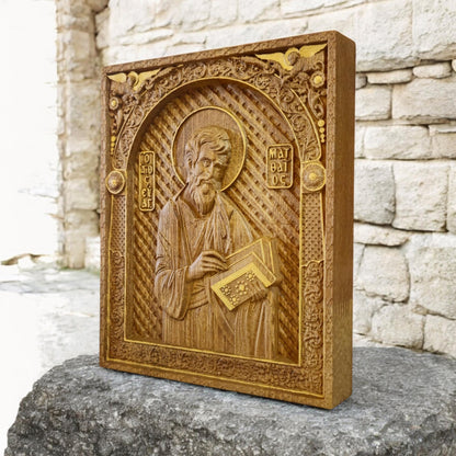 Matthew the Evangelist Wooden Carved Handcrafted Christian Religious Icon. Byzantine Home Wall Art Decor Gift. Orthodox Greek Woodcarving Sculpture.