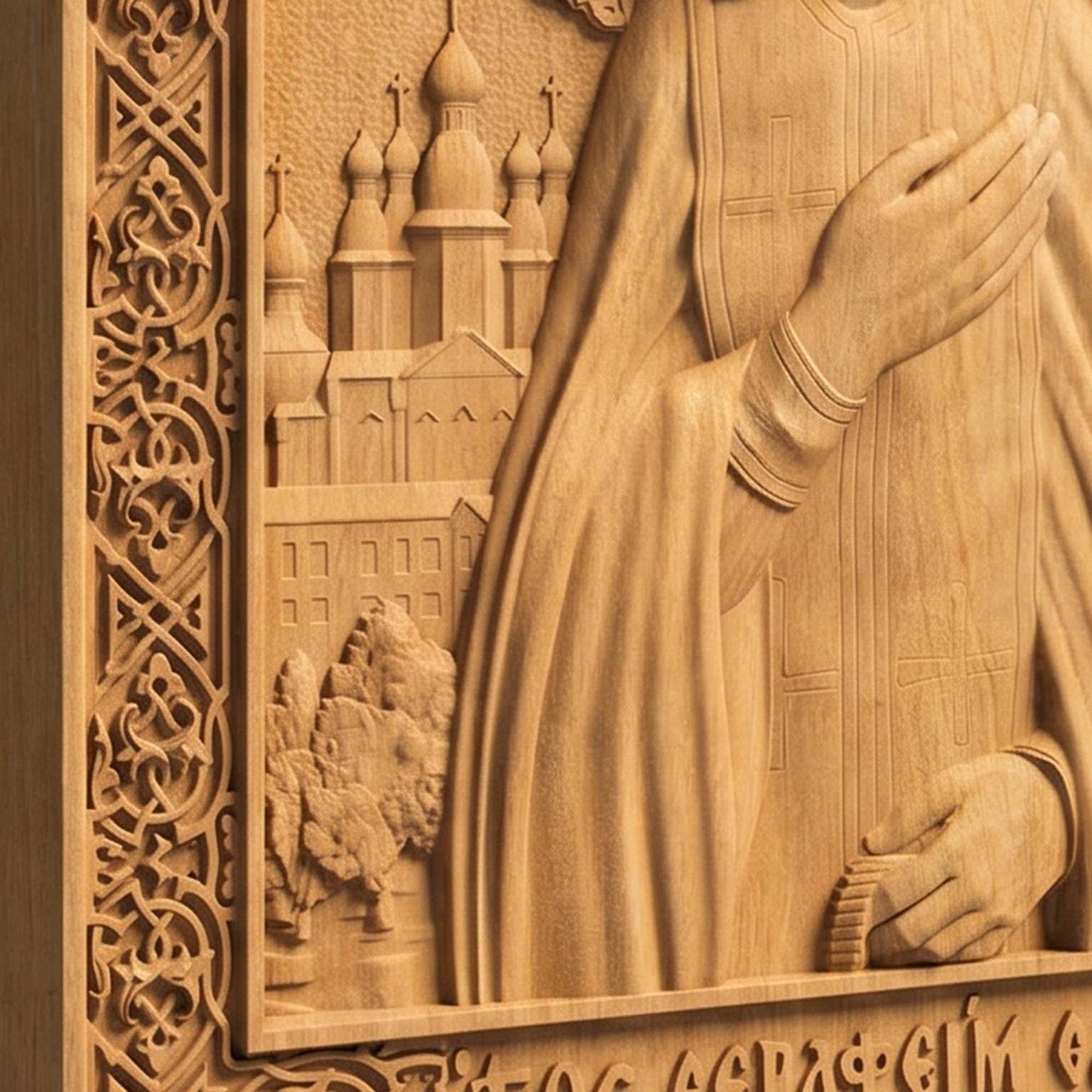 Άγιος Σεραφειμ Σαρωφ Ορθόδοξη Βυζαντινη Ξυλογλυπτη Εικονα Left Side Natural Wood Color Cretan Holy Carvings