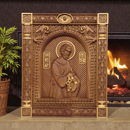 Saint Peter the Apostle Wooden Carved Handmade Christian Icon. Byzantine Greek Orthodox Home Art Decor.