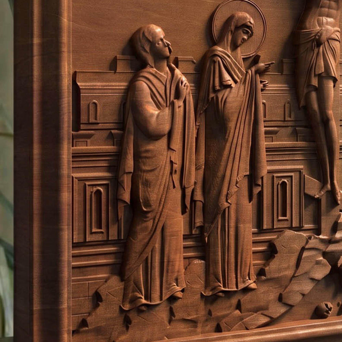 The Crucifixion of Jesus Christ Wooden Carved Handmade Christian Icon | Byzantine Greek Orthodox Home Art Decor