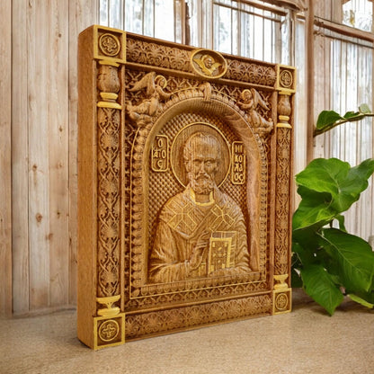 Saint Nicholas Wooden Carved Handcrafted Christian Religious Icon. Byzantine Home Wall Art Decor Gift. Orthodox Greek Woodcarving Sculpture.