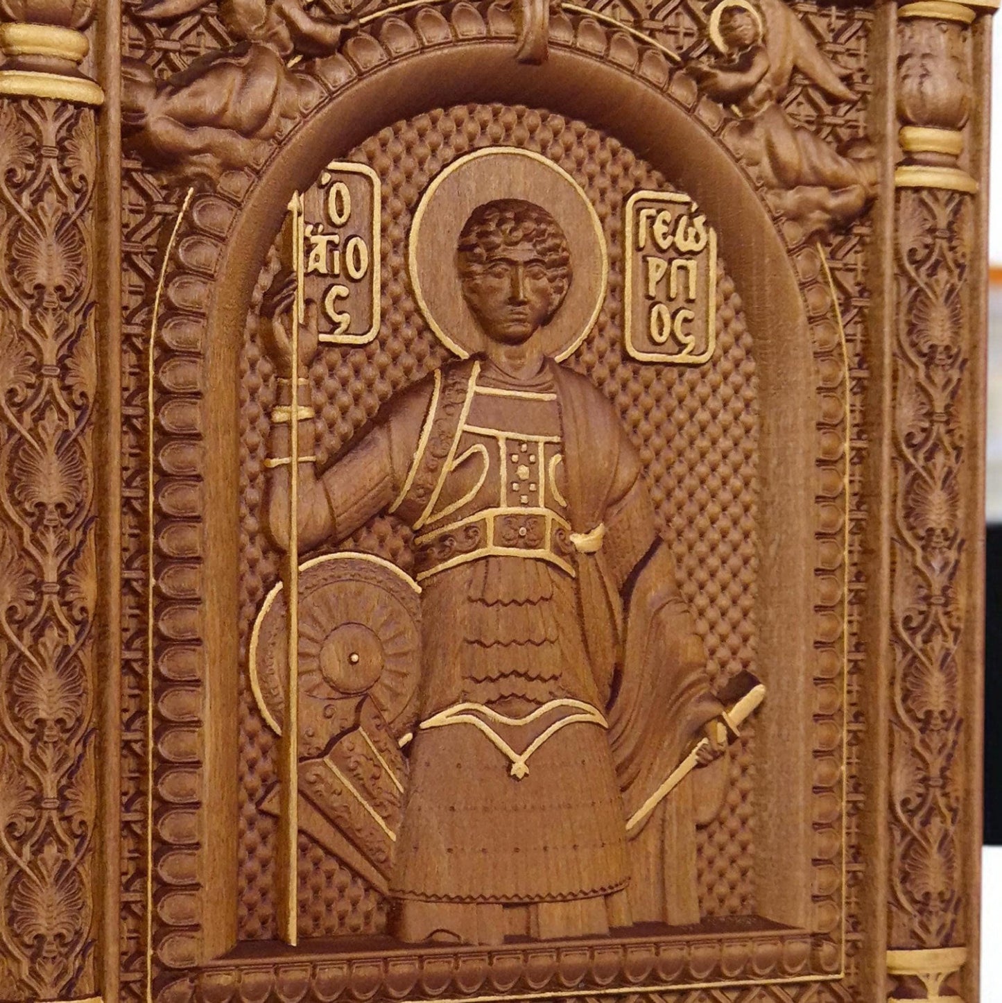 Saint George Wooden Carved Handmade Christian Icon. Byzantine Greek Orthodox Home Art Decor.