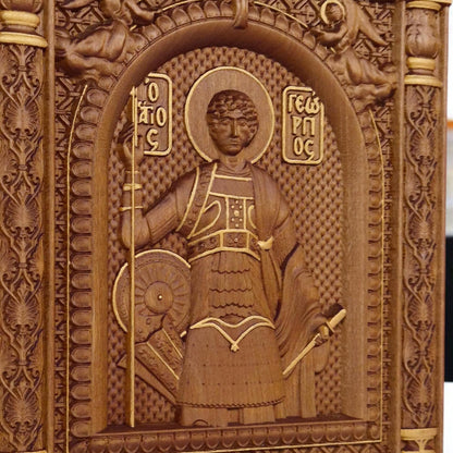 Saint George Wooden Carved Handmade Christian Icon. Byzantine Greek Orthodox Home Art Decor.