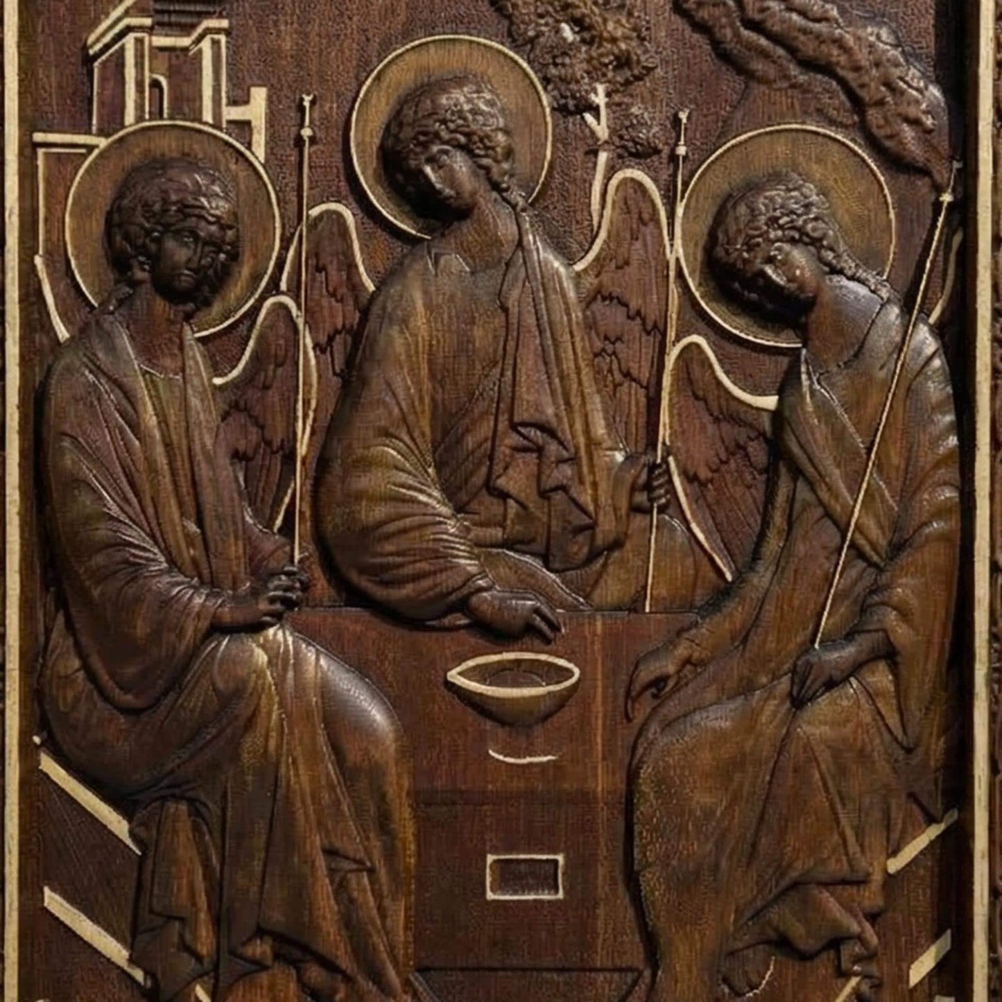 Holy Trinity Wooden Carved Handmade Christian Icon. Byzantine Greek Orthodox Home Art Decor.