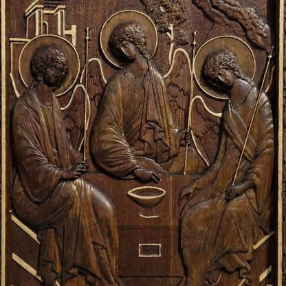 Holy Trinity Wooden Carved Handmade Christian Icon. Byzantine Greek Orthodox Home Art Decor.