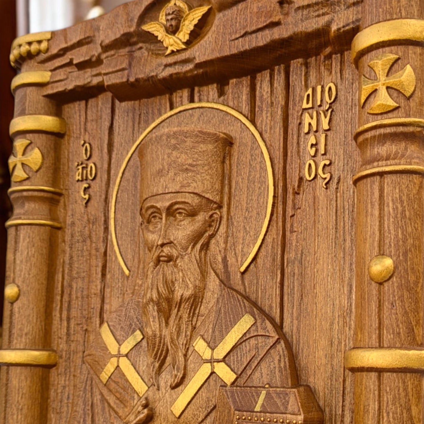 Saint Dionysios of Zakynthos Wooden Carved Handcrafted Christian Religious Icon. Byzantine Home Wall Art Decor Gift. Orthodox Greek Woodcarving Sculpture.